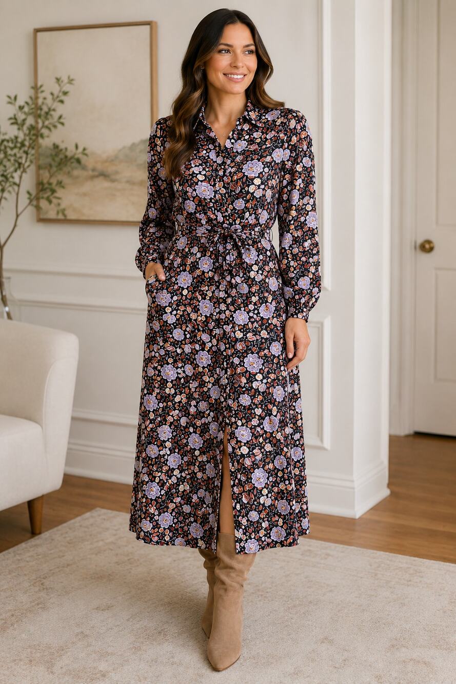 Ann Taylor NWOT Autumn Floral Belted Collared Midi Button Front Shirt Dress